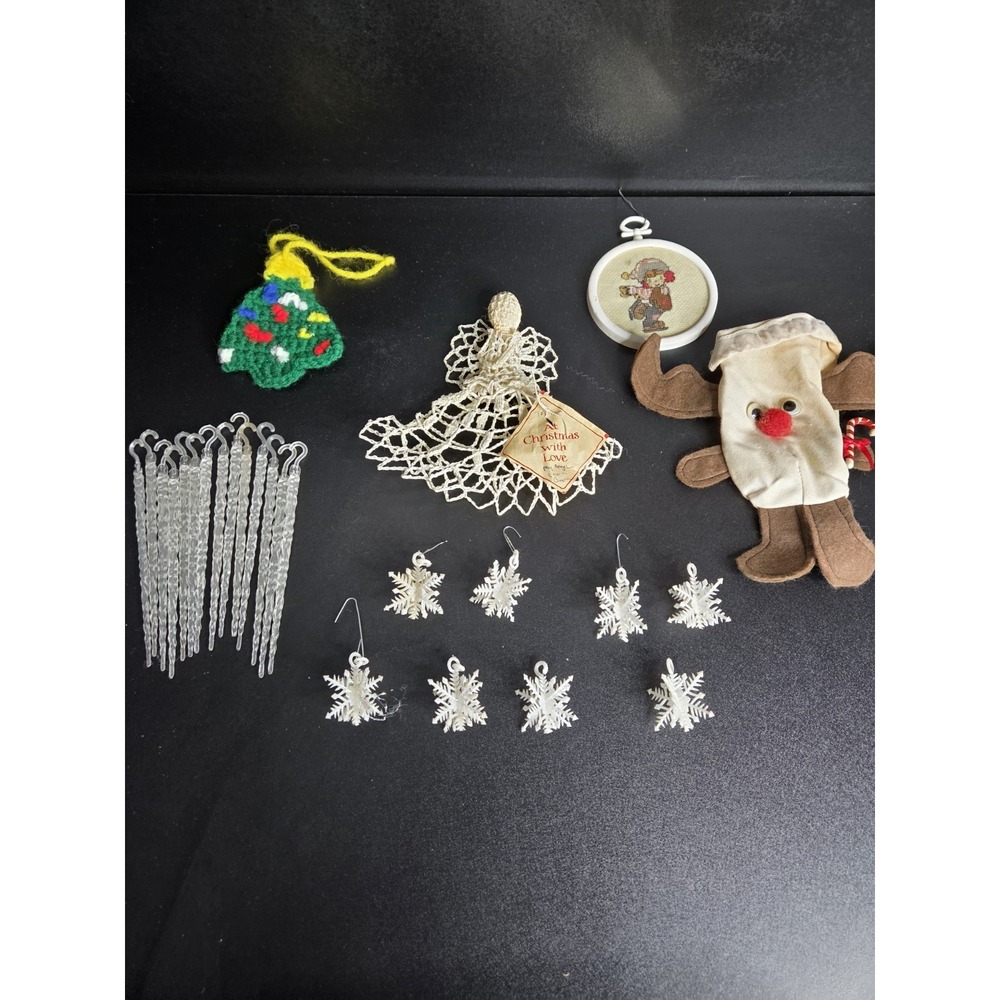 Vintage Christmas Ornament Lot Crochet Angel Icicles Snowflakes Reindeer Craft